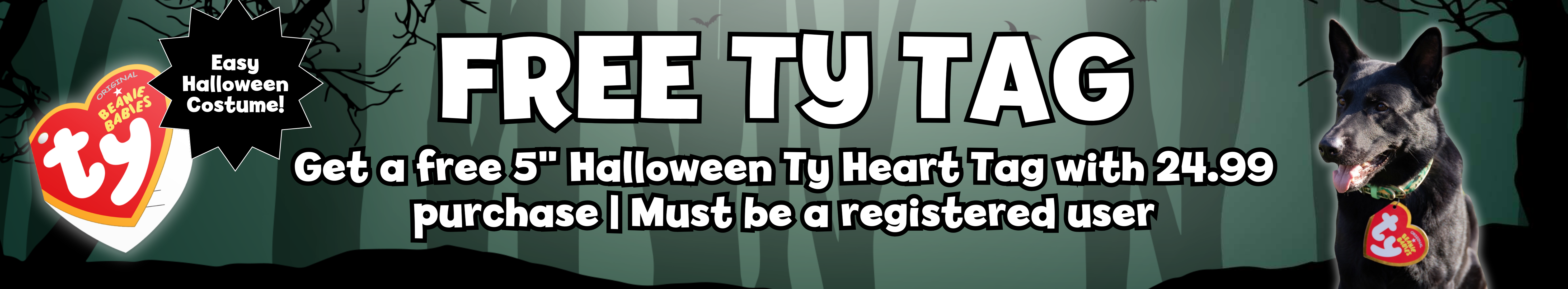 Dog wearing ty tag with information about ty tag promotion